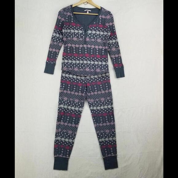 Victorias Secret Thermal Henley PJ Set Small Gray Pink White Waffle Knit Pajamas - Picture 13 of 13